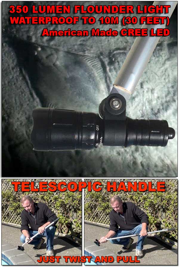 Single diving torch waterproof to 10 metres on a flounder gigs handle